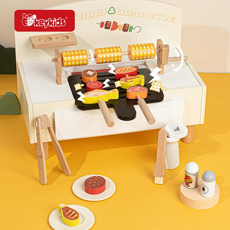 Wooden Kids Barbecue Grill Play Set with Rotating Corn Skewers Food and Pretend Cooking Tools - Interactive Cooking Toy W10L113